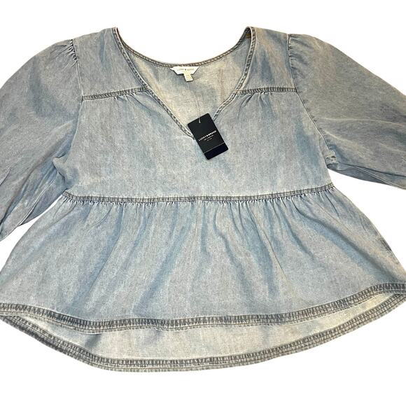 Lucky Brand Tops - NWT, Lucky Brand Denim High Low Blouse, 3/4 Puff Sleeve, V Neck, Blue, Med